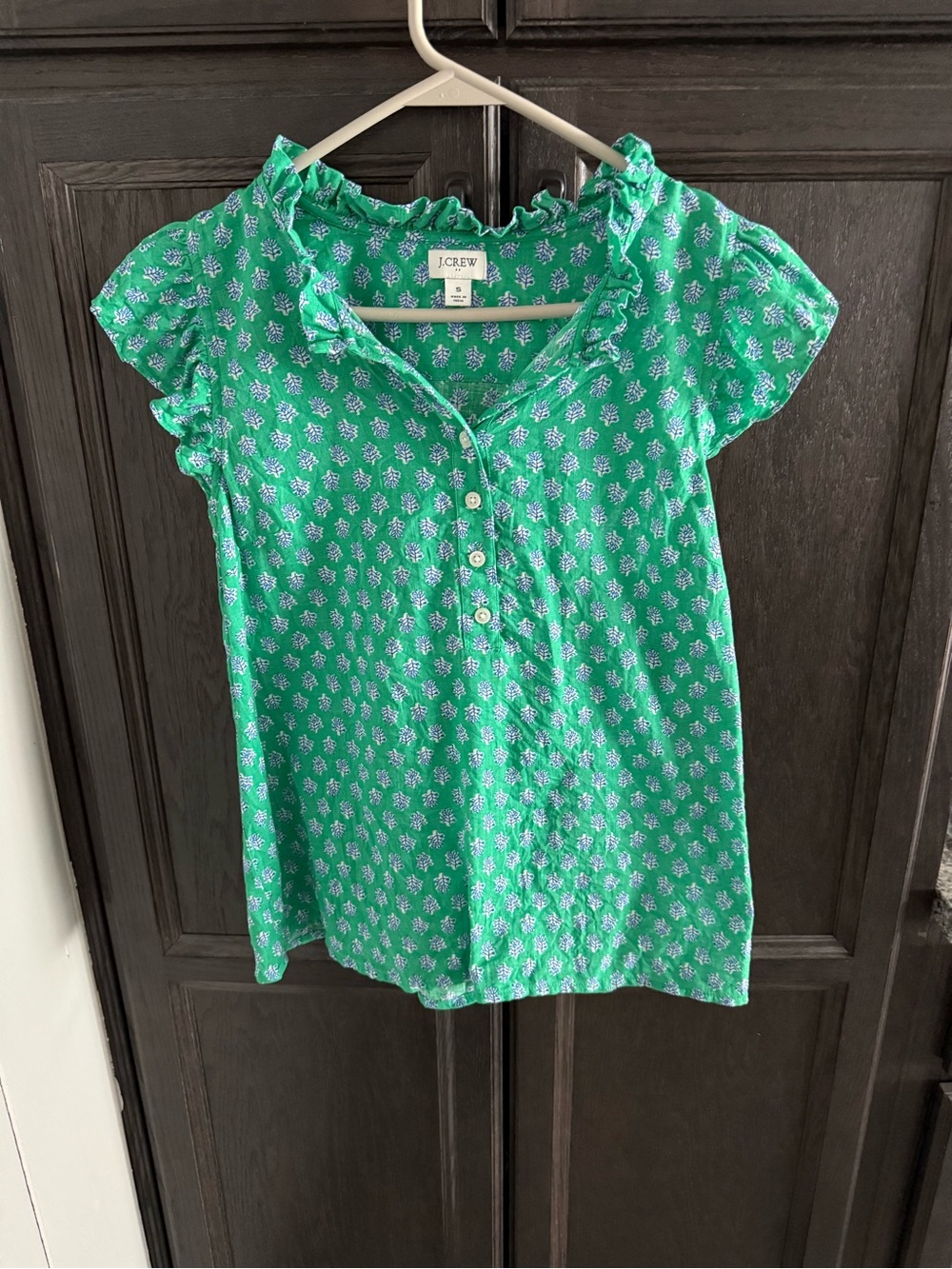 J. Crew Factory Green Floral Ruffle Henley Top